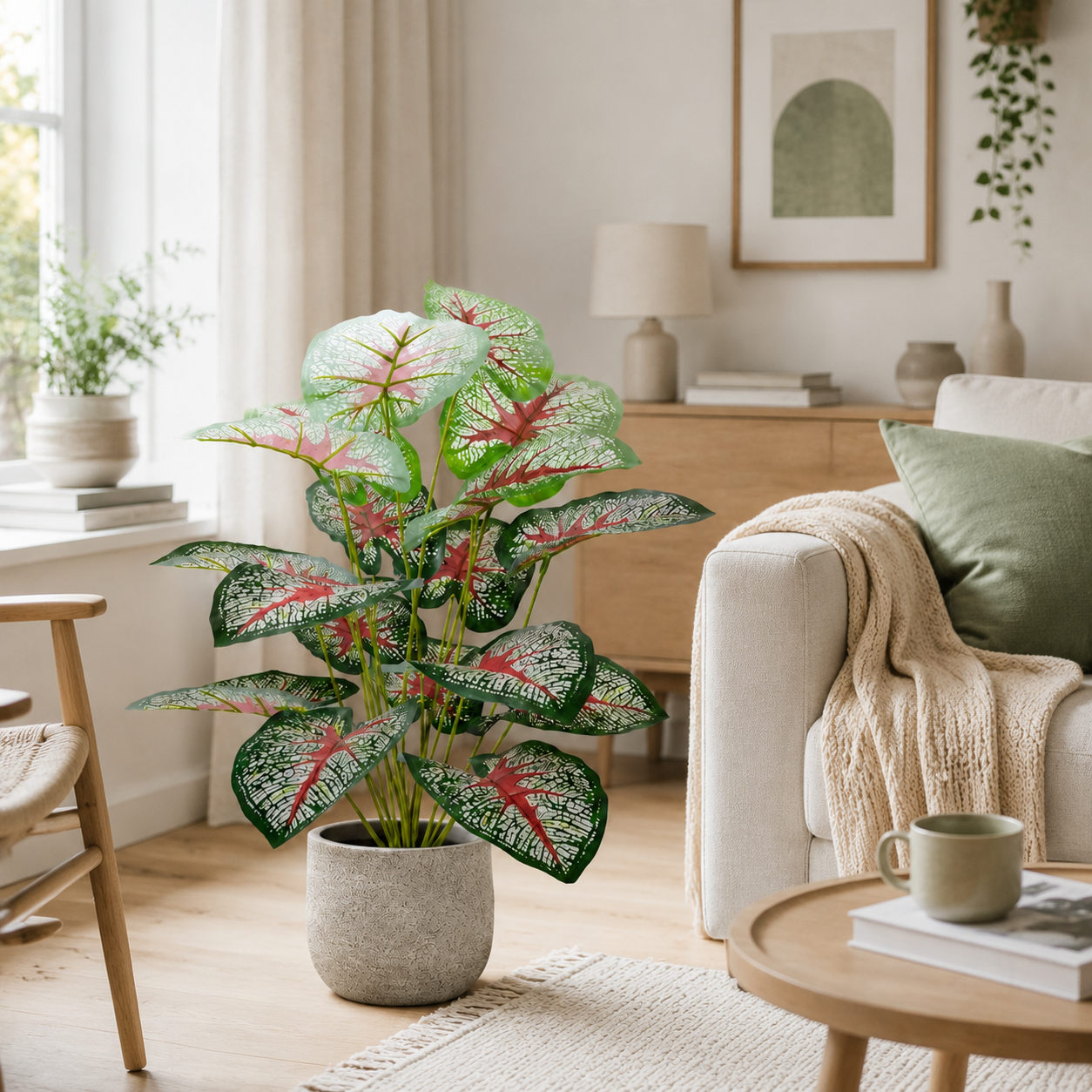 Lush Artificial Caladium Plant (24 Leaves) - Large Faux Elephant Ear Tropical Greenery for Floor, Foyer & Entryway Decor, UV Protected Silk Plant (Planter Not Included)