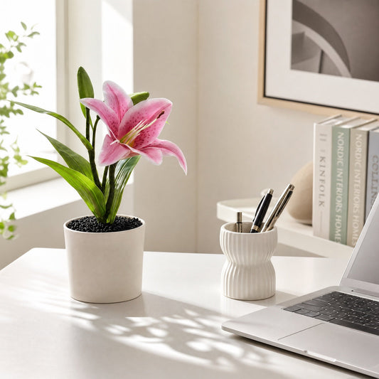 Real-Touch 3D Printed Artificial Dark Pink Lily Stems - Lifelike Faux Floral Arrangement for Dining Table Decor