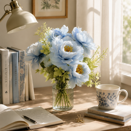 Dusty Blue & White Silk Peony Flower Stem - 6-Petal Artificial Peony for Coastal & Country Cottage Decor (Vase Not Included)