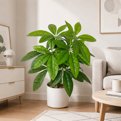 Faux Money Tree Artificial Plant - 18 Lifelike Wired Silk Leaves, Braided Wood Trunk | Large Indoor Fake Pachira Tree for Living Room & Entryway Decor (Decorative Pot Not Included)