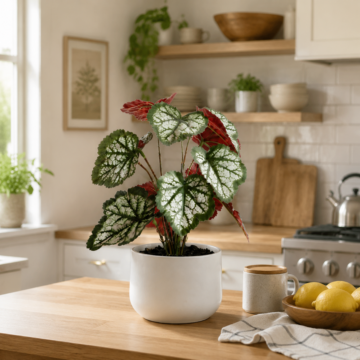 Faux Begonia Leaves Mini Potted Plant - Real Touch Artificial Tabletop Greenery for Home Office Decor