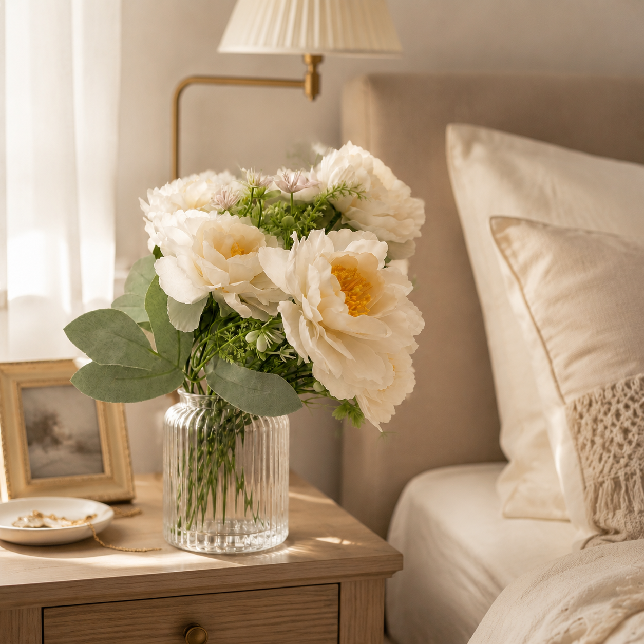 Pure White Silk Peony Stem - Real-Touch 6-Petal Artificial Peony Flower for Modern Minimalist Home & Wedding Centerpieces (Vase Not Included)