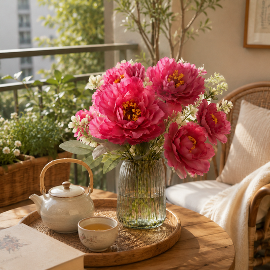 Deep Rose Red Silk Peony Stem - Real-Touch 6-Petal Faux Peony for Romantic Dining & Party Floral Centerpieces (Vase Not Included)