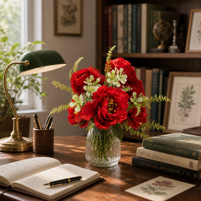 Classic Red Silk Peony Flower Stem - 6-Petal Artificial Peony for Holiday Decor, Christmas & Special Events (Vase Not Included)