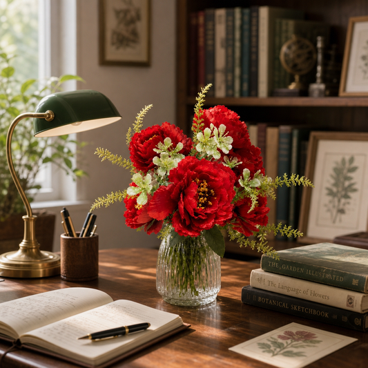 Classic Red Silk Peony Flower Stem - 6-Petal Artificial Peony for Holiday Decor, Christmas & Special Events (Vase Not Included)