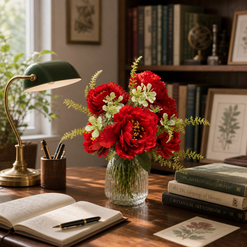 Classic Red Silk Peony Flower Stem - 6-Petal Artificial Peony for Holiday Decor, Christmas & Special Events (Vase Not Included)