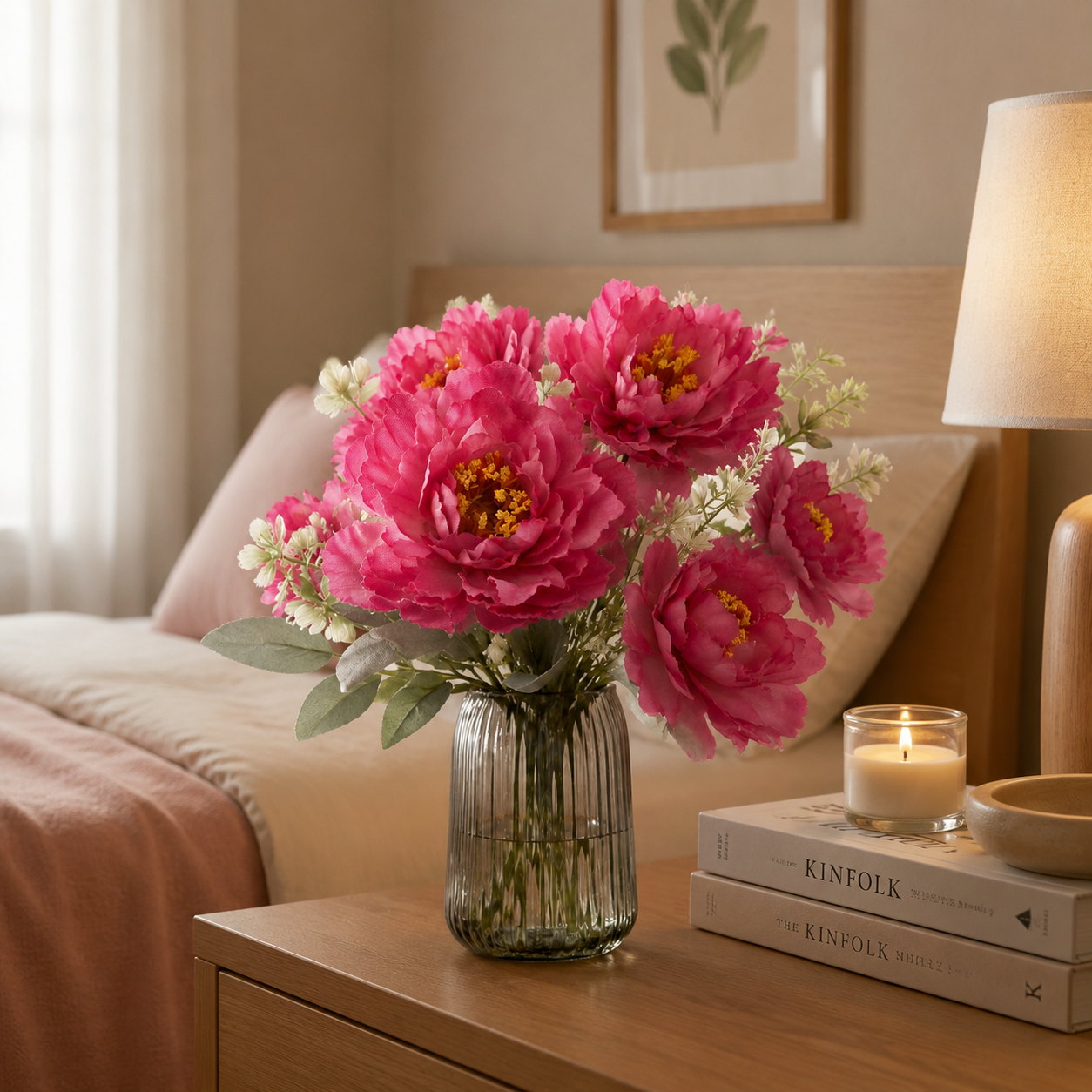 Deep Rose Red Silk Peony Stem - Real-Touch 6-Petal Faux Peony for Romantic Dining & Party Floral Centerpieces (Vase Not Included)