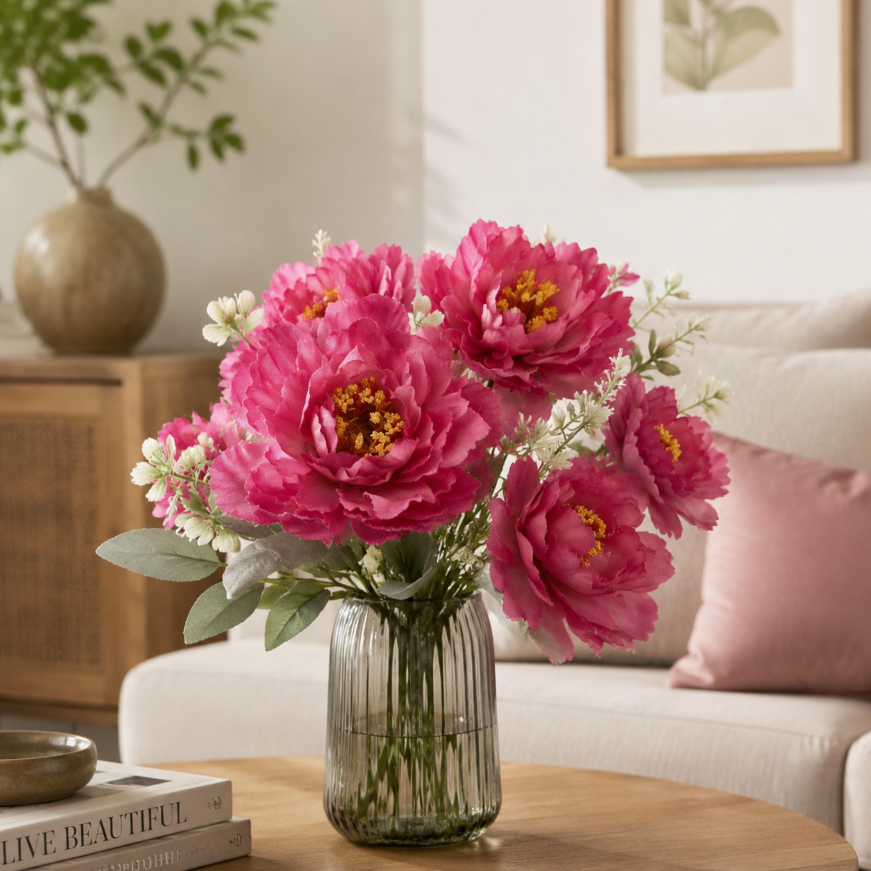 Deep Rose Red Silk Peony Stem - Real-Touch 6-Petal Faux Peony for Romantic Dining & Party Floral Centerpieces (Vase Not Included)