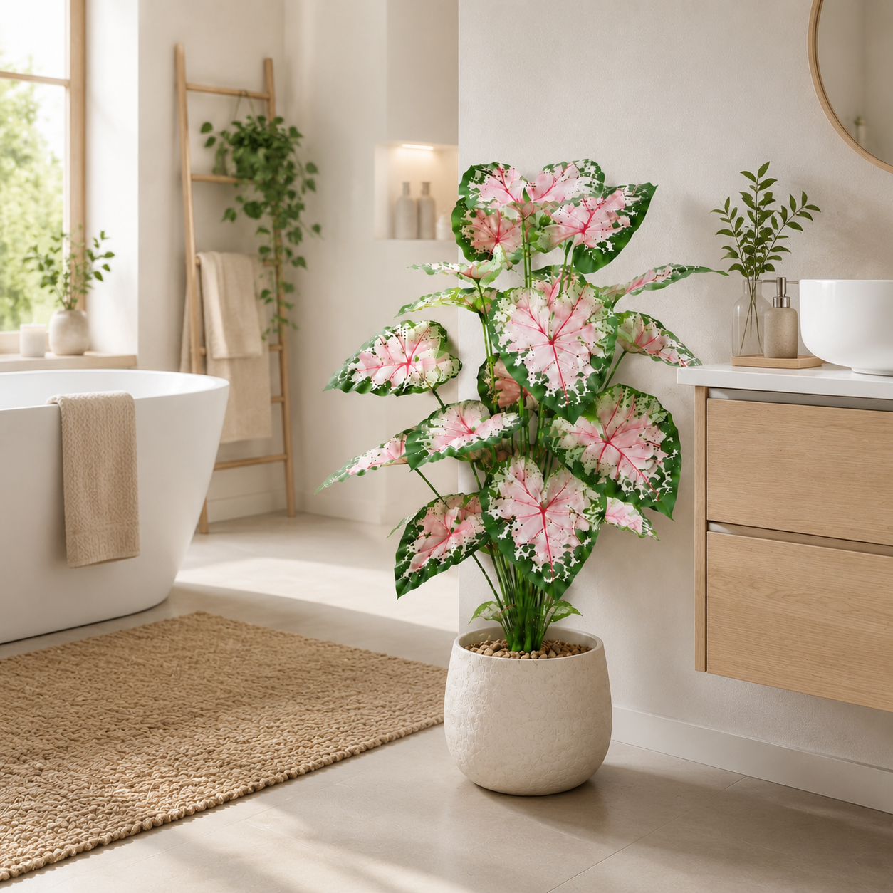 Real Touch Artificial Caladium Plant (12 Leaves) - Lifelike Faux Elephant Ear Foliage for Entryway & Tabletop Decor, UV Resistant Silk Greenery (Pot Not Included)