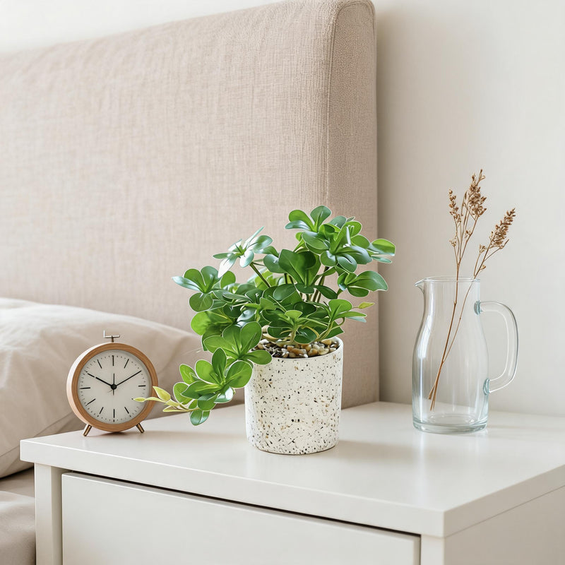potted artificial hanging bell greenery - dark green hanging styled in a bright living room corner