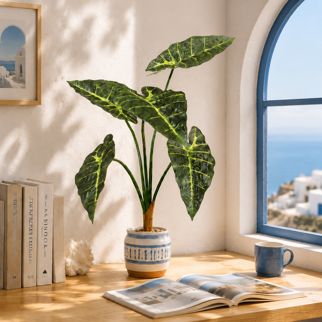 5 leaves 22" Artificial Calathea Leaf Spray - Real-Touch Vibrant Green Peacock Plant Stem for Vase, DIY Floral & Home Office Decor (Stem Only)
