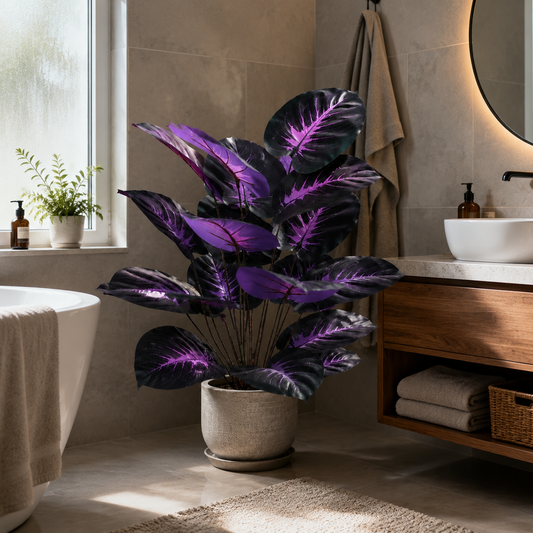 12-Leaf Gothic Faux Black Violet Bush - Halloween Artificial Purple Greenery Stem for Dark Academia Home Decor (Pot Not Included)