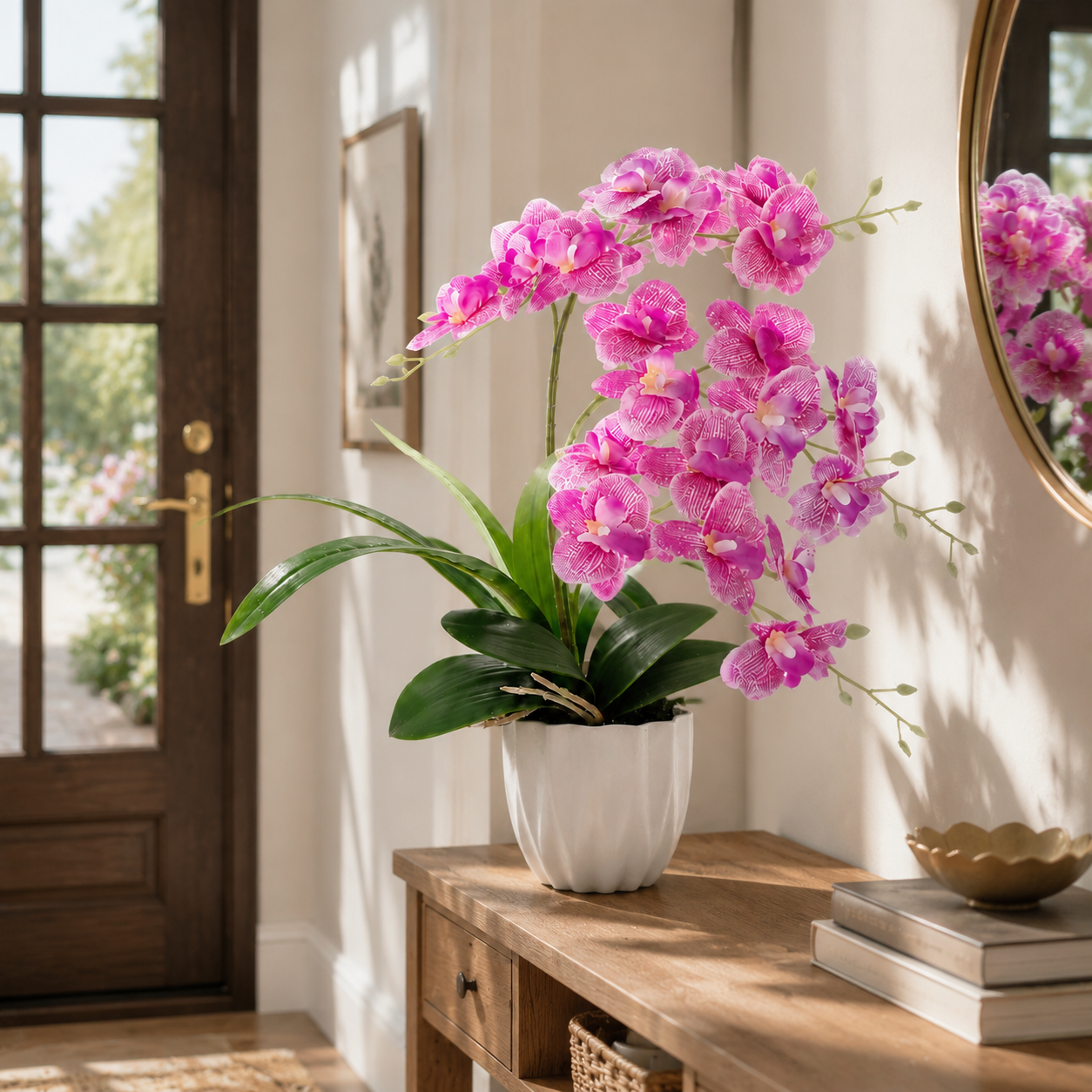 Real Touch Purple Pink Faux Mini Orchid Plant – Approximately 15 inches Small Artificial Phalaenopsis Flowers in Ceramic Pot for Coffee Table Decor
