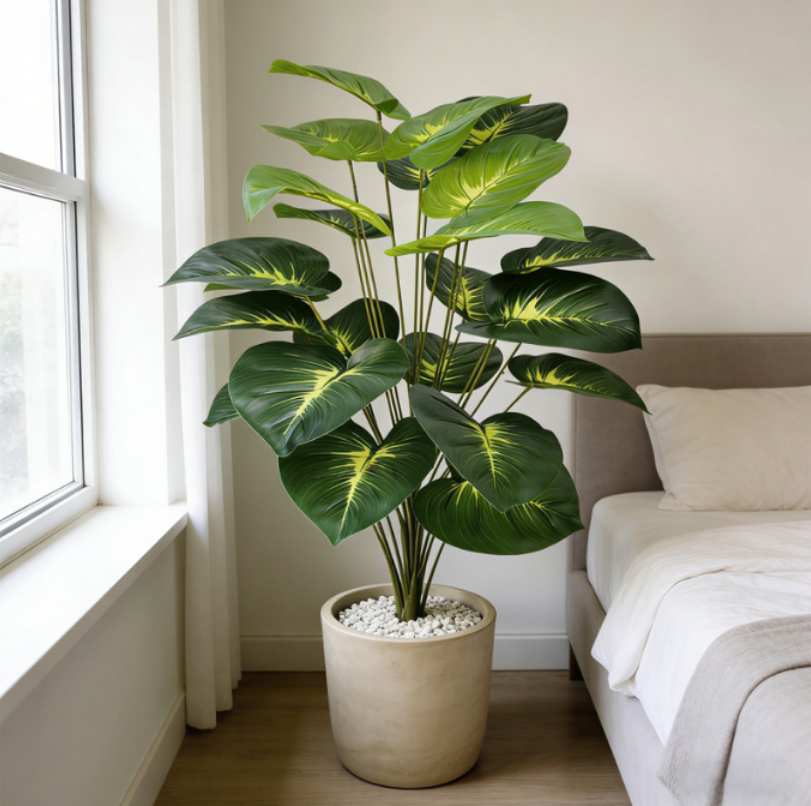 18-Leaf Faux Monstera Evergreen Pothos Plant - Real-Touch Artificial Tropical Bush for Modern Home Living Room Accent & Patio Decor (No Pot)