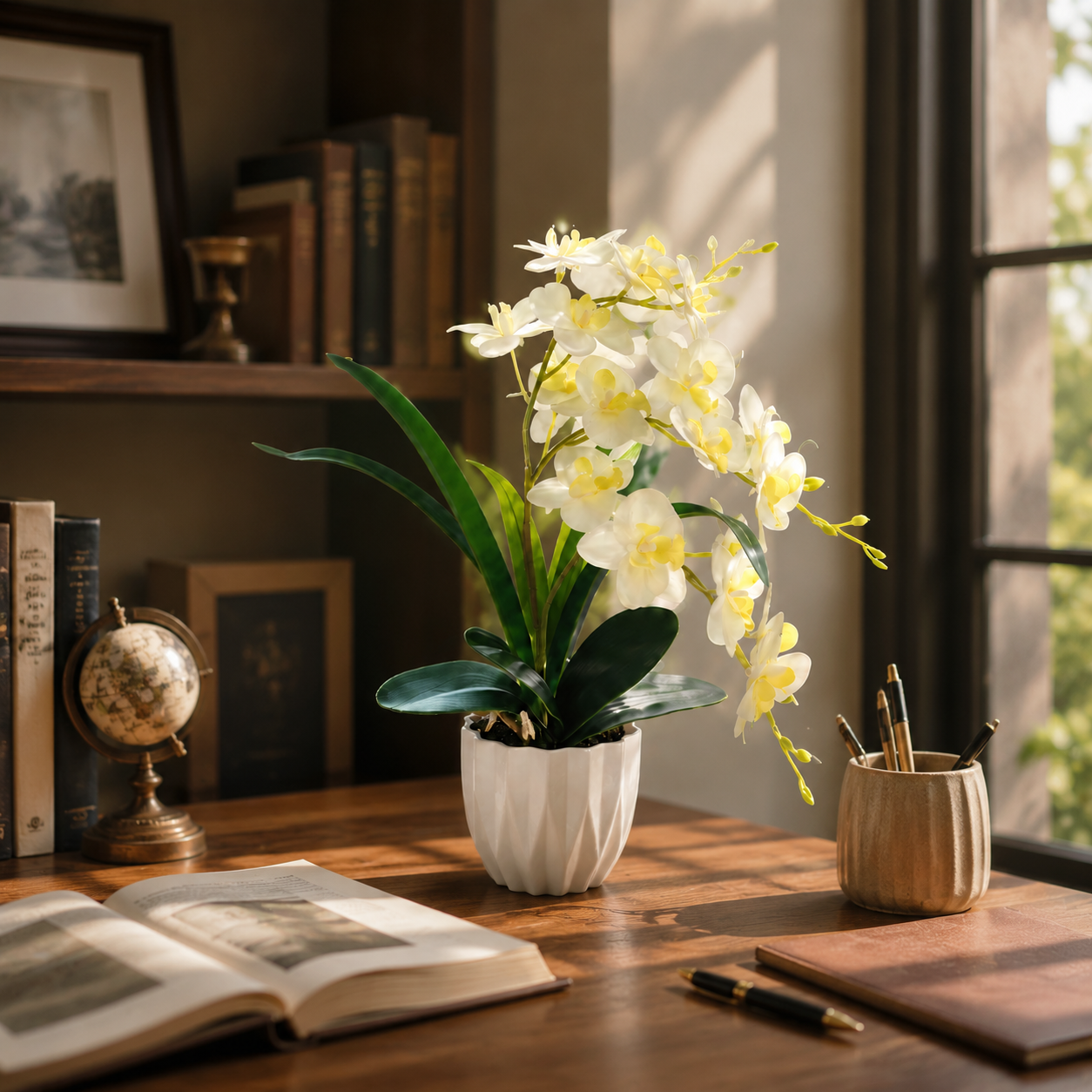 Real Touch Artificial White Orchid Plant in Pot –  Approximately 15 inches Lifelike Fake Phalaenopsis for Home & Office Decor