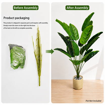 Before and after assembly of an 18 head faux banana tree showing the packed leaves and bare stem, pot not included