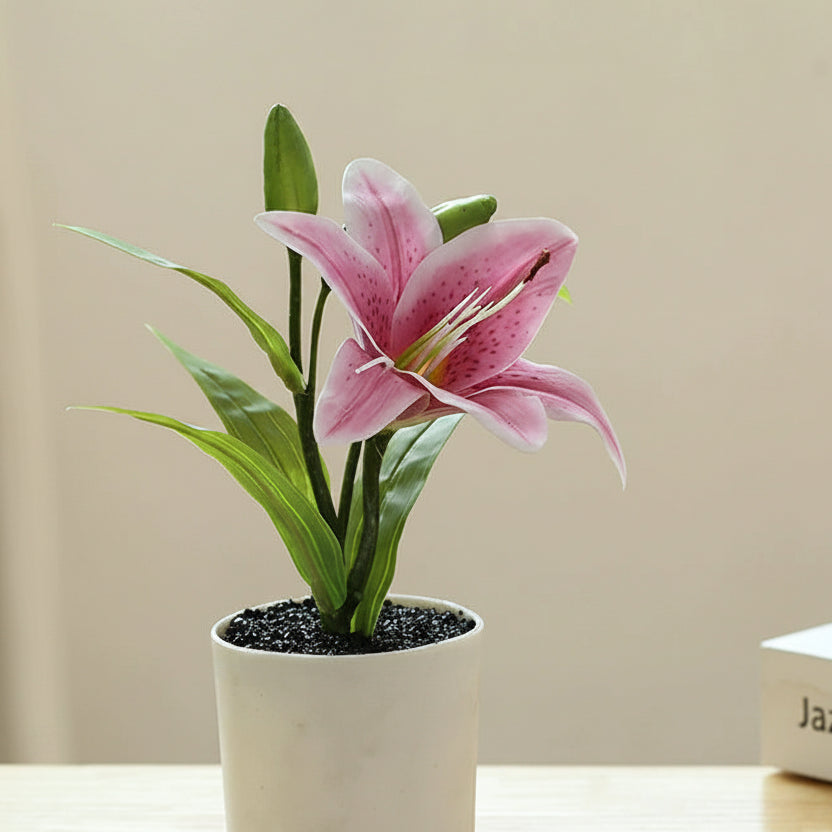 Mini Potted Artificial Lily Flowers - 102402 Plastic Pot Mini Lily Arrangement Magenta