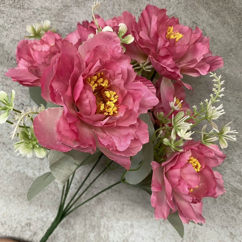 Artificial Six-Head Peony Flower Bouquet - Rose Red