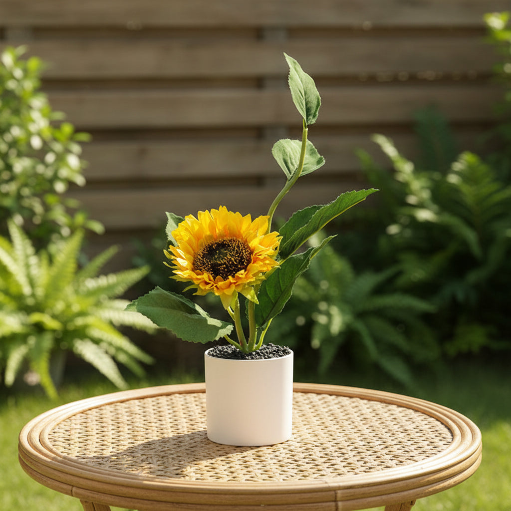 Mini Potted Artificial Sunflower Arrangement - 082932 Small Cylindrical Plastic Pot Sunflower Arrangement(Plastic Pot)