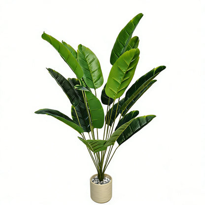 Studio shot of an 18 leaf artificial banana tree with real touch foliage on a plain white background for size reference