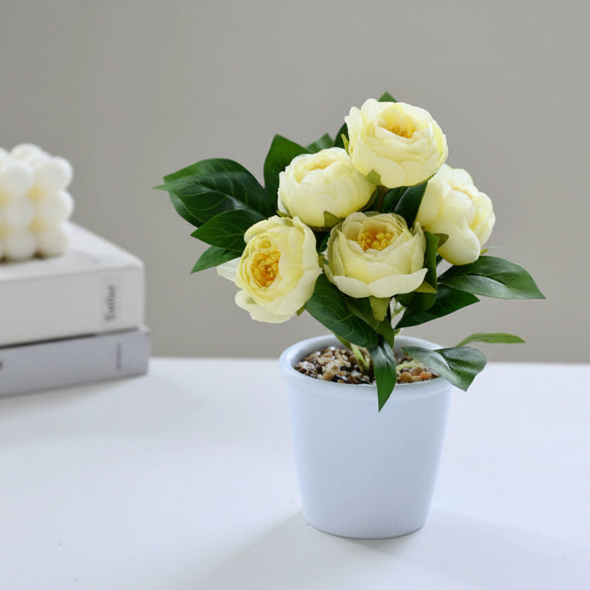 Mini Potted Artificial Tea Rose Flowers - 2027411-Cream(Plastic Pot)(Pack of 12)