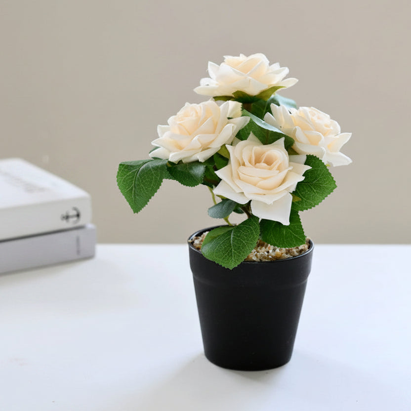 Mini Potted Artificial Tea Rose Flowers - 2026870-Ivory(Plastic Pot)