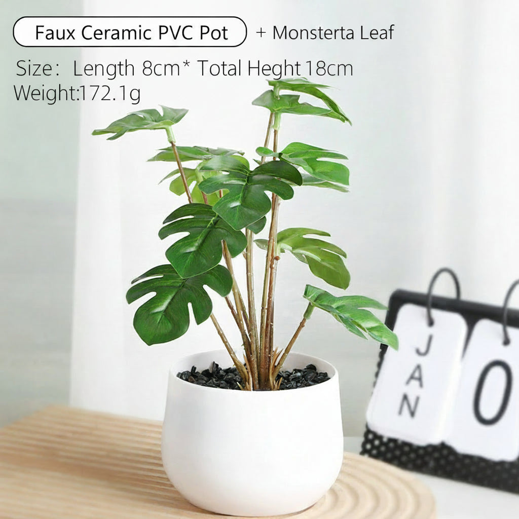 Assorted Potted Artificial Plants and Flowers - Faux Ceramic PVC Pot+Monstera Leaf