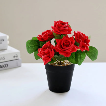 Mini Potted Artificial Tea Rose Flowers - 2026872-Red(Plastic Pot)