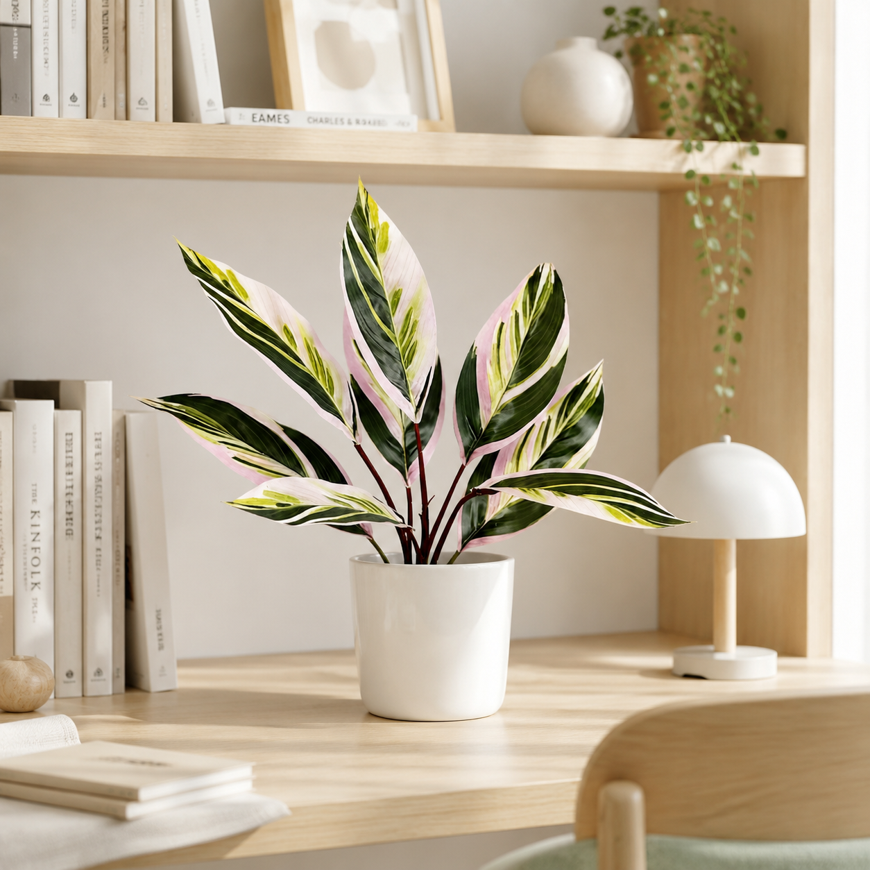 Pink & Green Artificial Dieffenbachia Plant, 10-Leaf Aesthetic Faux Tropcial Plant (Pot Not Included) - Trendy Fake Variegated Plant for Bedroom & Aesthetic Room Decor