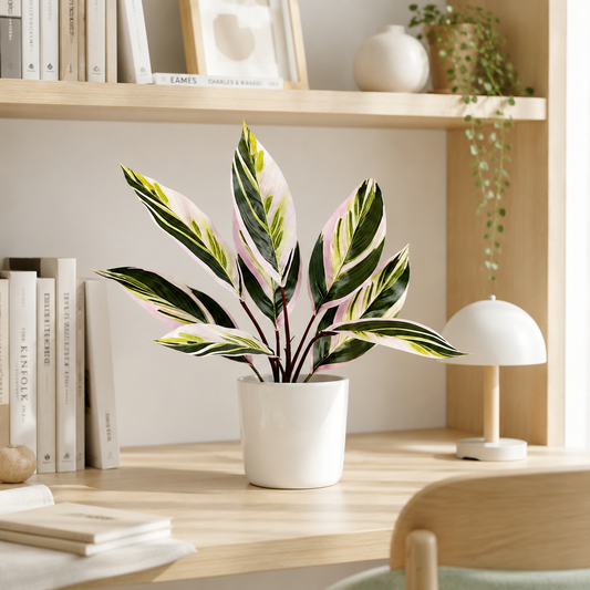 Pink & Green Artificial Dieffenbachia Plant, 10-Leaf Aesthetic Faux Tropcial Plant (Pot Not Included) - Trendy Fake Variegated Plant for Bedroom & Aesthetic Room Decor