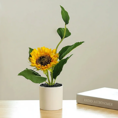 Mini Artificial Sunflower Potted Plant - Realistic Faux Sunflower Bonsai for Desk, Kitchen & Home Office Decor (Cheerful Yellow)