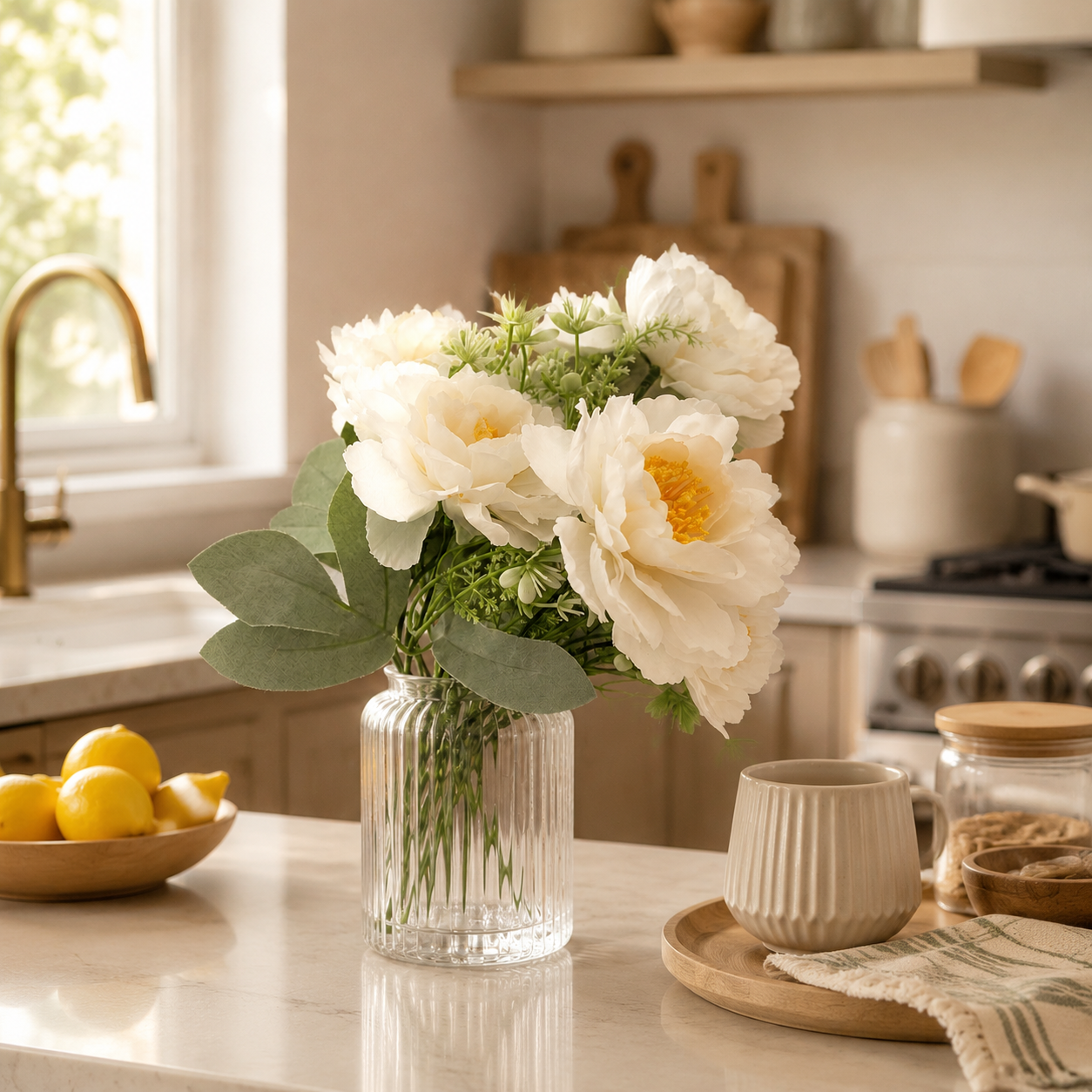 Pure White Silk Peony Stem - Real-Touch 6-Petal Artificial Peony Flower for Modern Minimalist Home & Wedding Centerpieces (Vase Not Included)