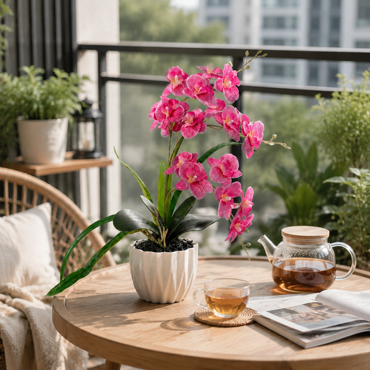 Real Touch Pink Mini Artificial Orchid in Ceramic Pot –  Approximately 15 inches Potted Faux Phalaenopsis Flower Arrangement for  Living Room