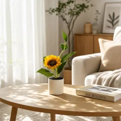 Mini Artificial Sunflower Potted Plant - Realistic Faux Sunflower Bonsai for Desk, Kitchen & Home Office Decor (Cheerful Yellow)