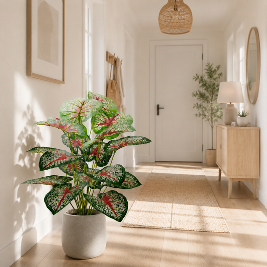 Real Touch Artificial Caladium Plant (12 Leaves) - Lifelike Faux Elephant Ear Foliage for Entryway & Tabletop Decor (Pot Not Included)