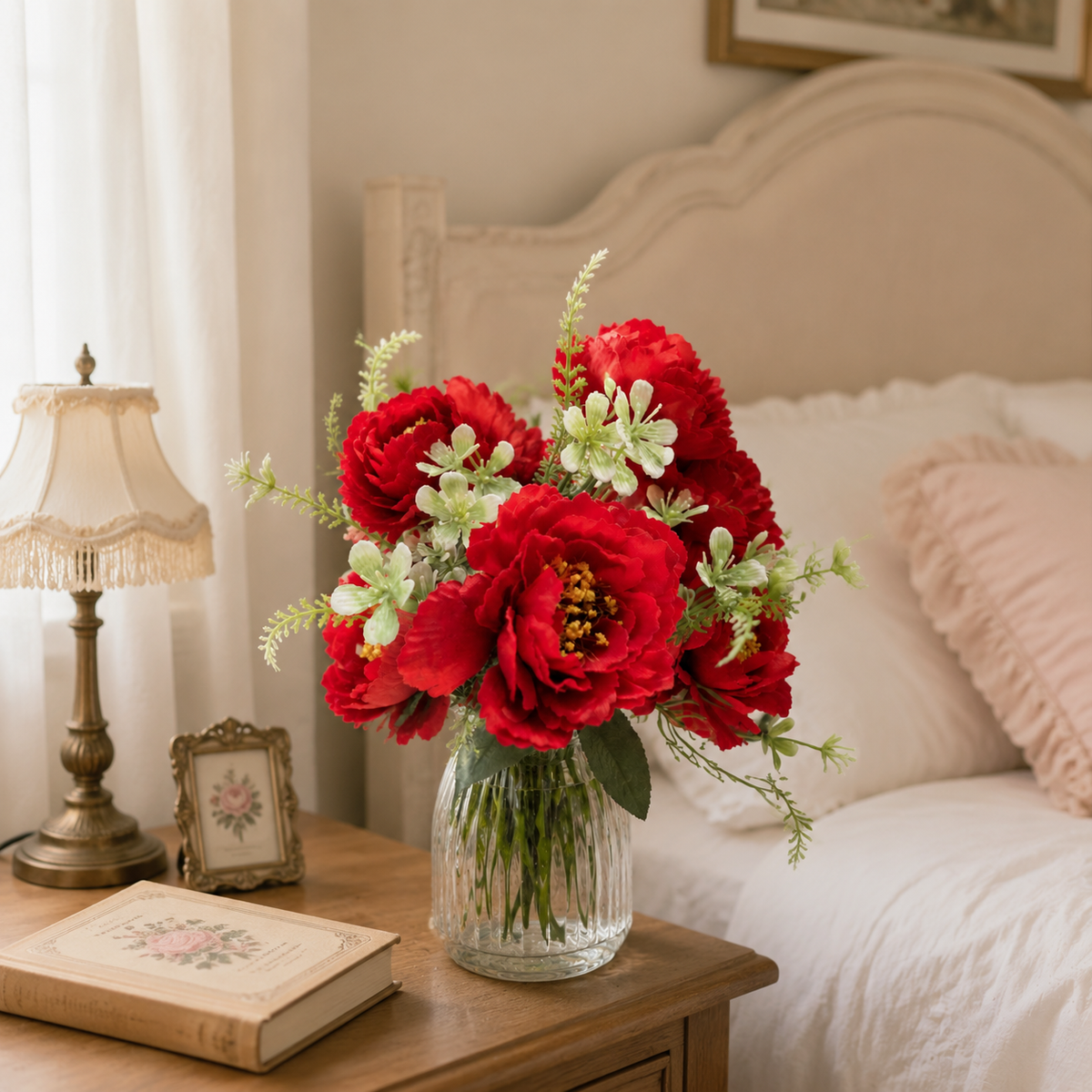 Classic Red Silk Peony Flower Stem - 6-Petal Artificial Peony for Holiday Decor, Christmas & Special Events (Vase Not Included)