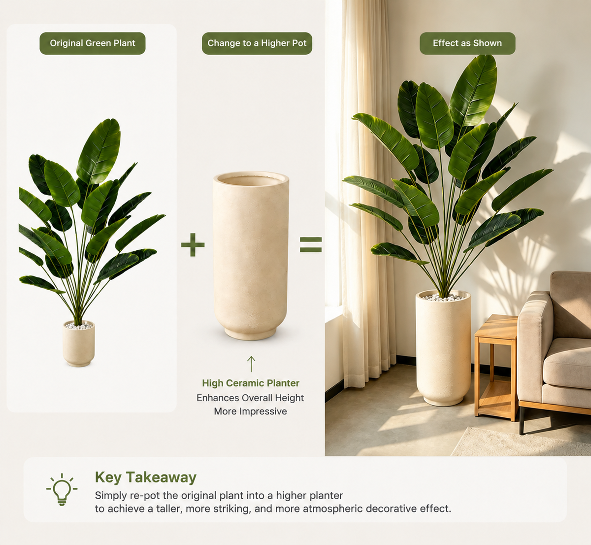 Guide showing a 32 inch faux banana tree repotted from a small pot into a tall cream ceramic planter for a taller look