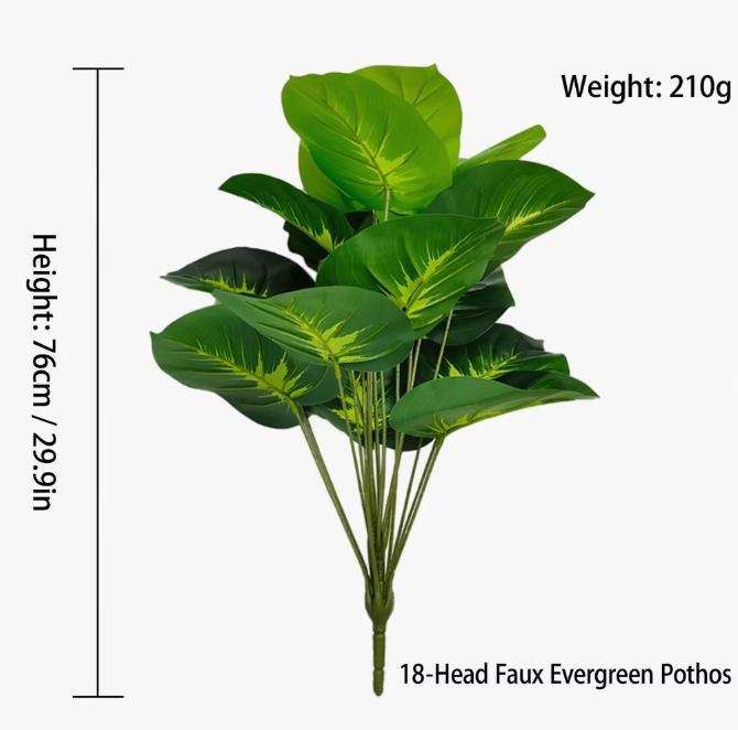 18-Leaf Faux Monstera Evergreen Pothos Plant - Real-Touch Artificial Tropical Bush for Modern Home Living Room Accent & Patio Decor (No Pot)