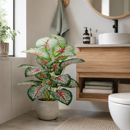 Lifelike Faux Caladium Houseplant (18 Leaves) - Vibrant Artificial Elephant Ear Plant for Living Room, Dining Table & Porch (No Pot Included)