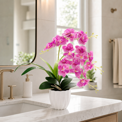 Real Touch Purple Pink Faux Mini Orchid Plant – Approximately 15 inches Small Artificial Phalaenopsis Flowers in Ceramic Pot for Coffee Table Decor
