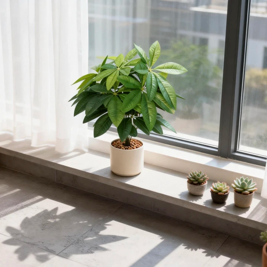 Artificial Pachira Money Tree - 12 Realistic Silk Leaves | Faux Potted Feng Shui Plant for Apartment, Bedroom & Home Office Decor (Plain Starter Pot Included, Decorative Planter NOT Included)