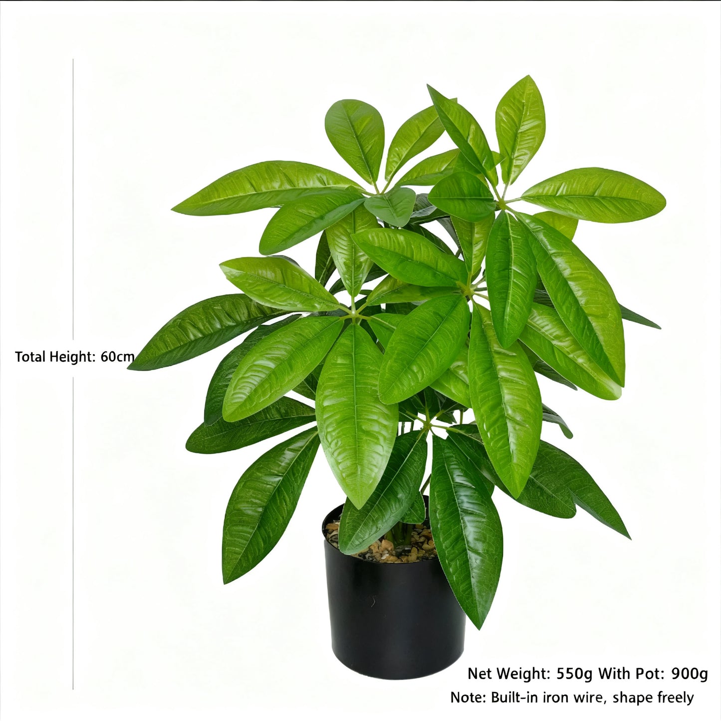 Artificial Pachira Money Tree - 12 Realistic Silk Leaves | Faux Potted Feng Shui Plant for Apartment, Bedroom & Home Office Decor (Plain Starter Pot Included, Decorative Planter NOT Included)