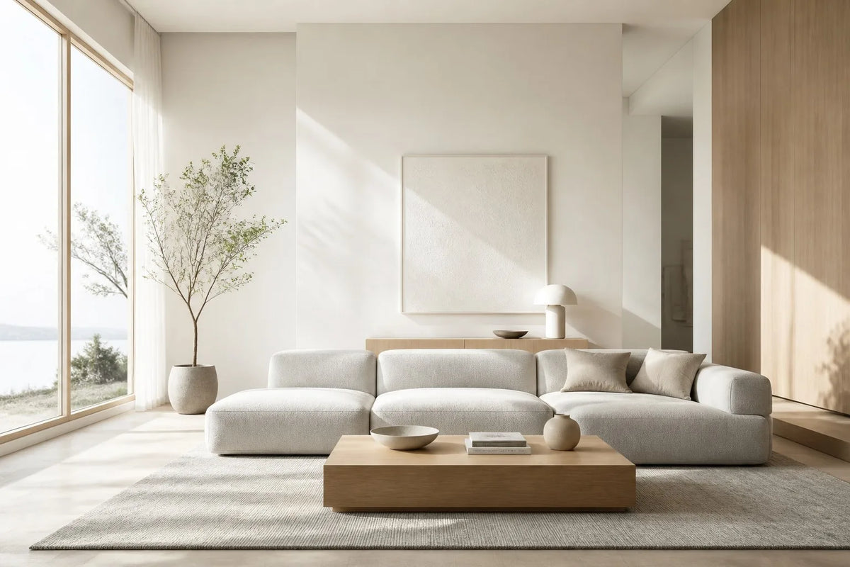 Sunlit living room with a large faux banana tree beside a beige sofa