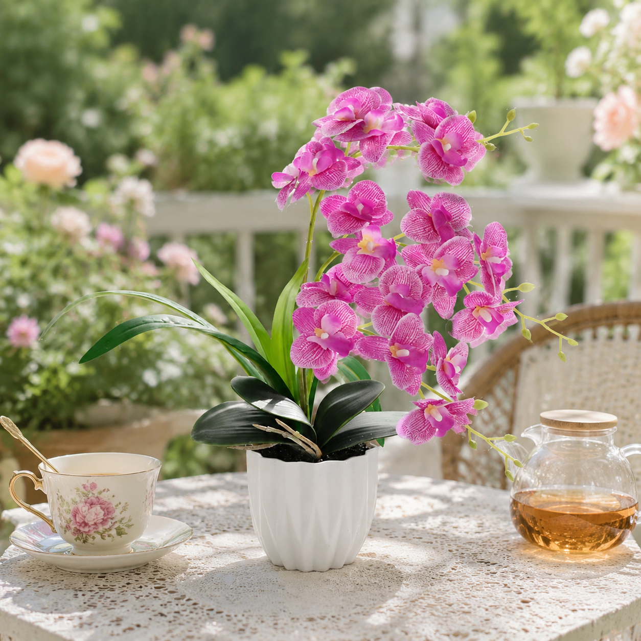 Real Touch Purple Pink Faux Mini Orchid Plant – Approximately 15 inches Small Artificial Phalaenopsis Flowers in Ceramic Pot for Coffee Table Decor