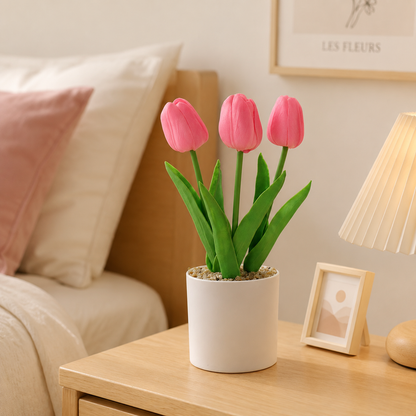 Faux Pink Tulip Artificial Flower Stems - Soft Touch PU Spring Florals for Bedroom, Nursery & Aesthetic Dining Table Decor