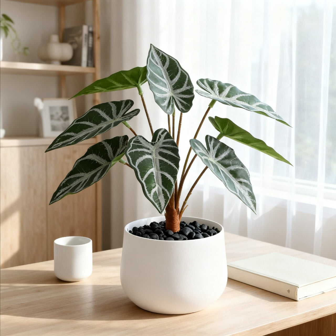 Real-Touch Artificial Alocasia Plant in Pot - 24" Fake Elephant Ear Plant for Modern Home Office Decor