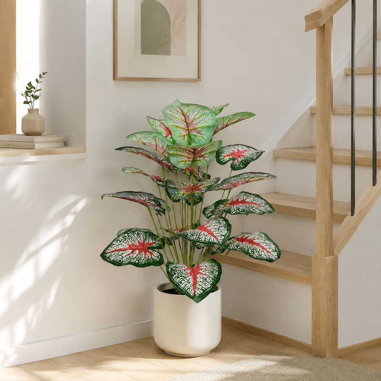 Lifelike Faux Caladium Houseplant (18 Leaves) - Vibrant Artificial Elephant Ear Plant for Living Room, Dining Table & Porch (No Pot Included)