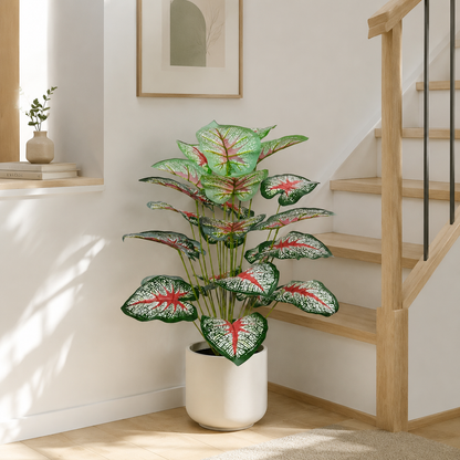 Lifelike Faux Caladium Houseplant (18 Leaves) - Vibrant Artificial Elephant Ear Plant for Living Room, Dining Table & Porch (No Pot Included)