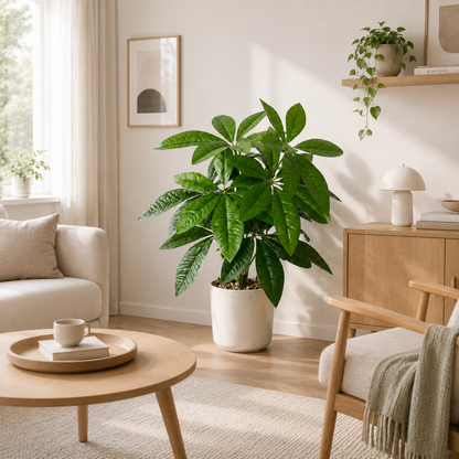 Artificial Pachira Money Tree - 12 Realistic Silk Leaves | Faux Potted Feng Shui Plant for Apartment, Bedroom & Home Office Decor (Plain Starter Pot Included, Decorative Planter NOT Included)