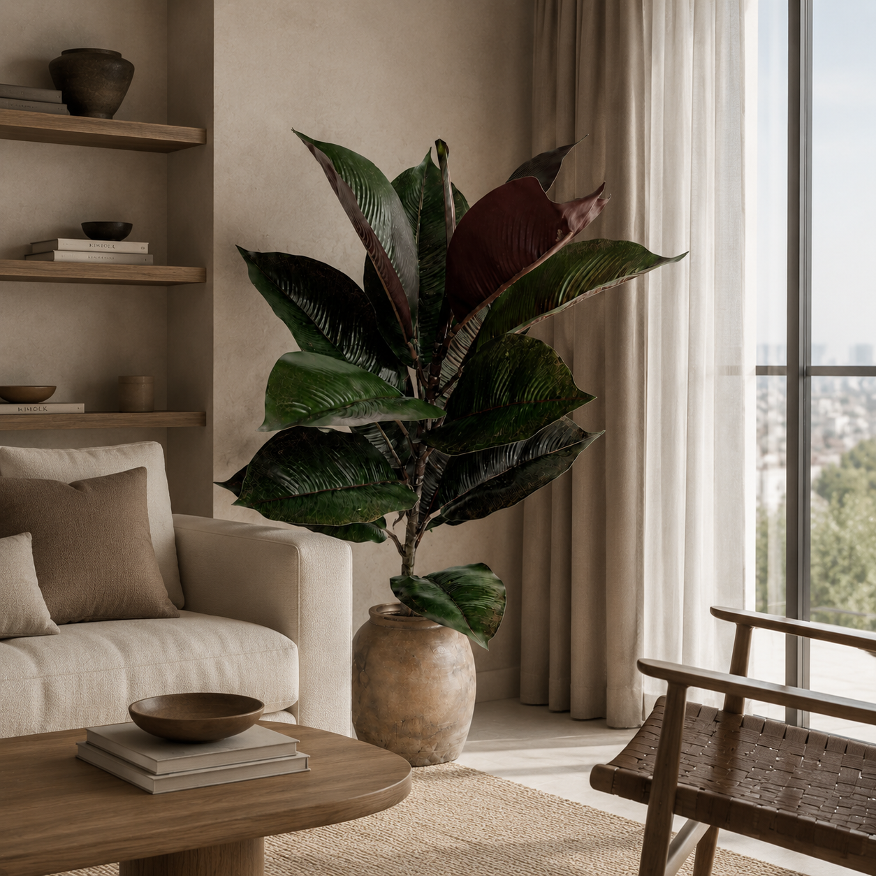 19 in Premium Faux Burgundy Rubber Tree - Real-Touch Artificial Dark Leaf Ficus Elastica Plant for Indoor Home & Office Decor (Pot no Excluded)